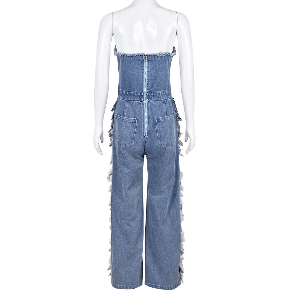 2023 Vintage Denim Jumpsuit: Off-Shoulder Rivet Romper